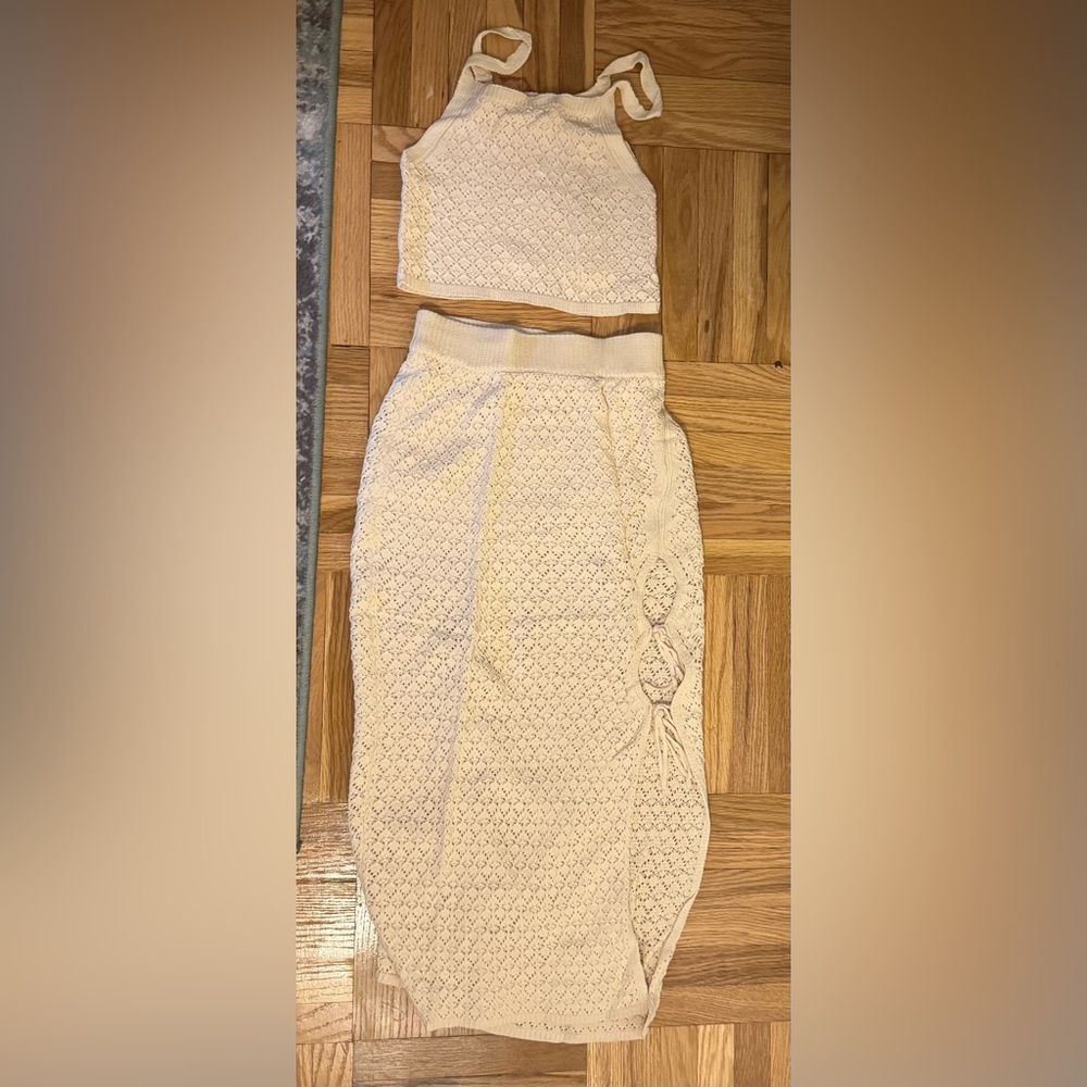 Elegant Cream Crochet Skirt Set